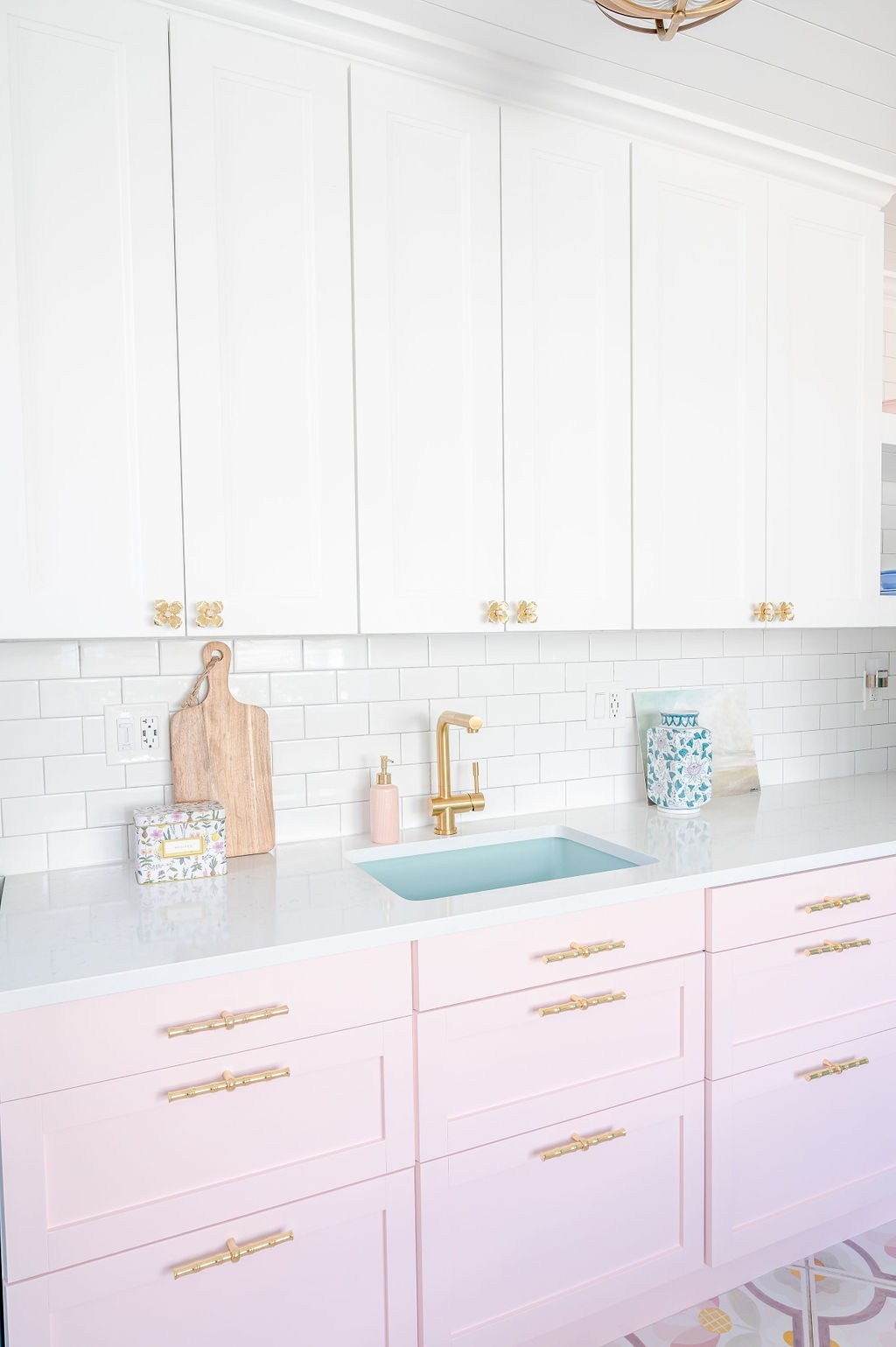 White and Pink Kitchen Drawers with Brass Pulls & Knobs