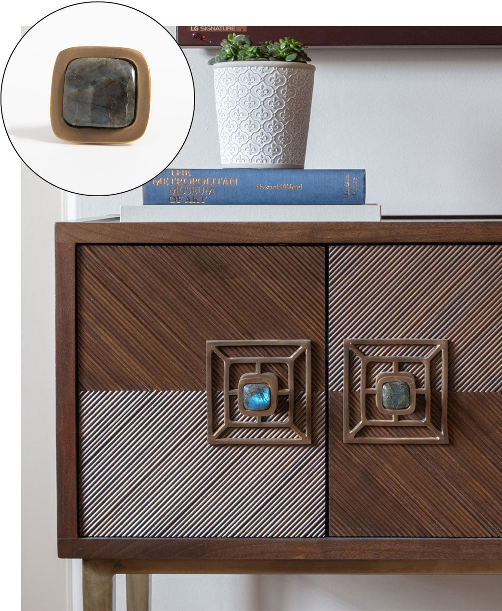 Cabinet with Benson Backplate in Antique Brass & Benson Knobs with Labradorite