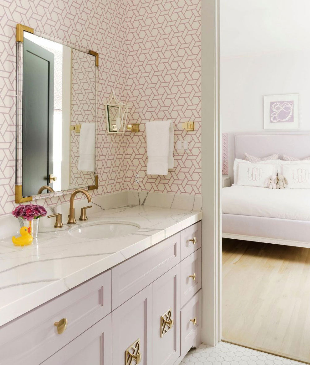 Art Deco Pink and Gold Bathroom Featuring Benson Solid Brass Knobs and Chippendale Backplates