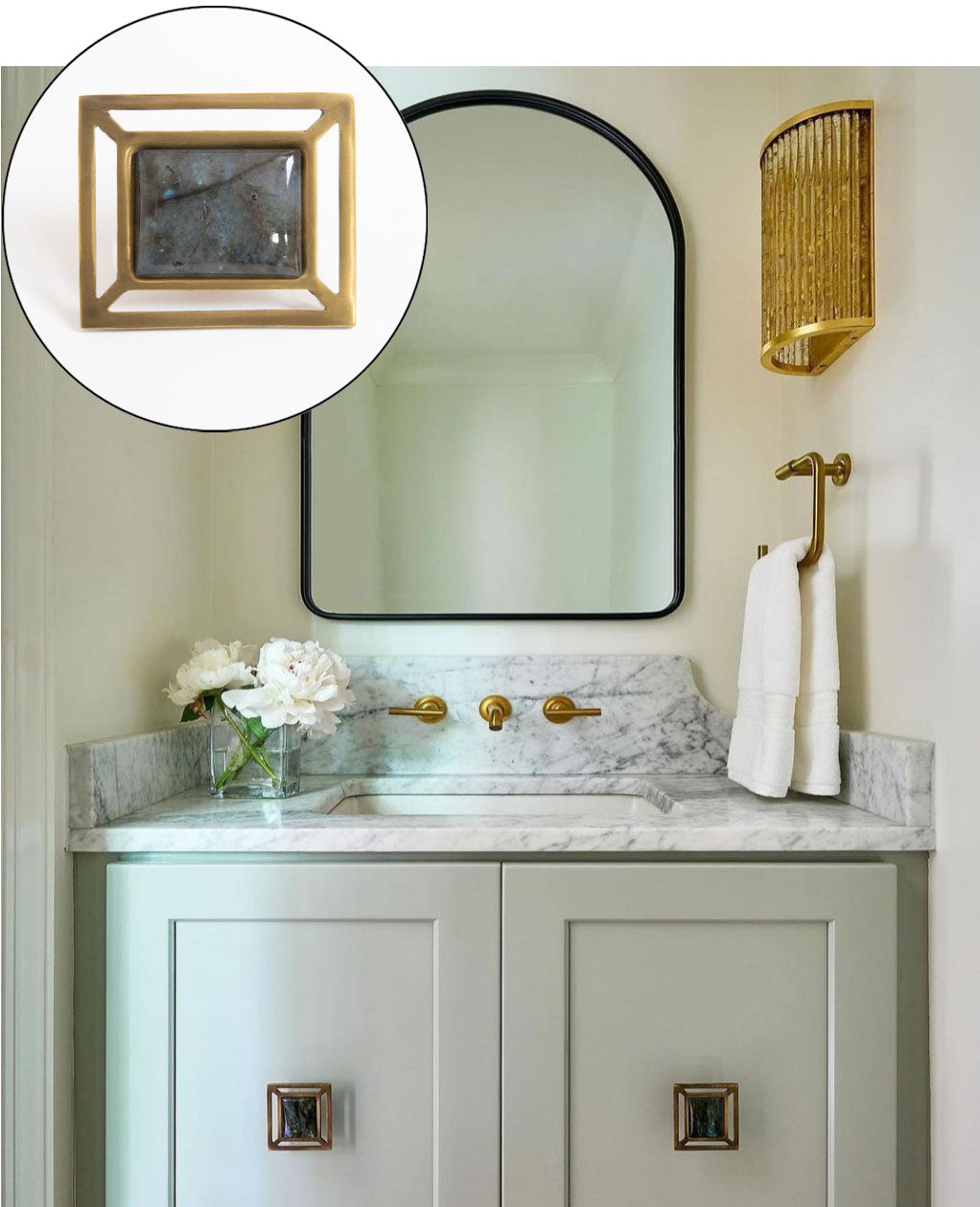 Soft Green Powder Room - Vanity with Downing Knobs in Antique Brass & Labradorite