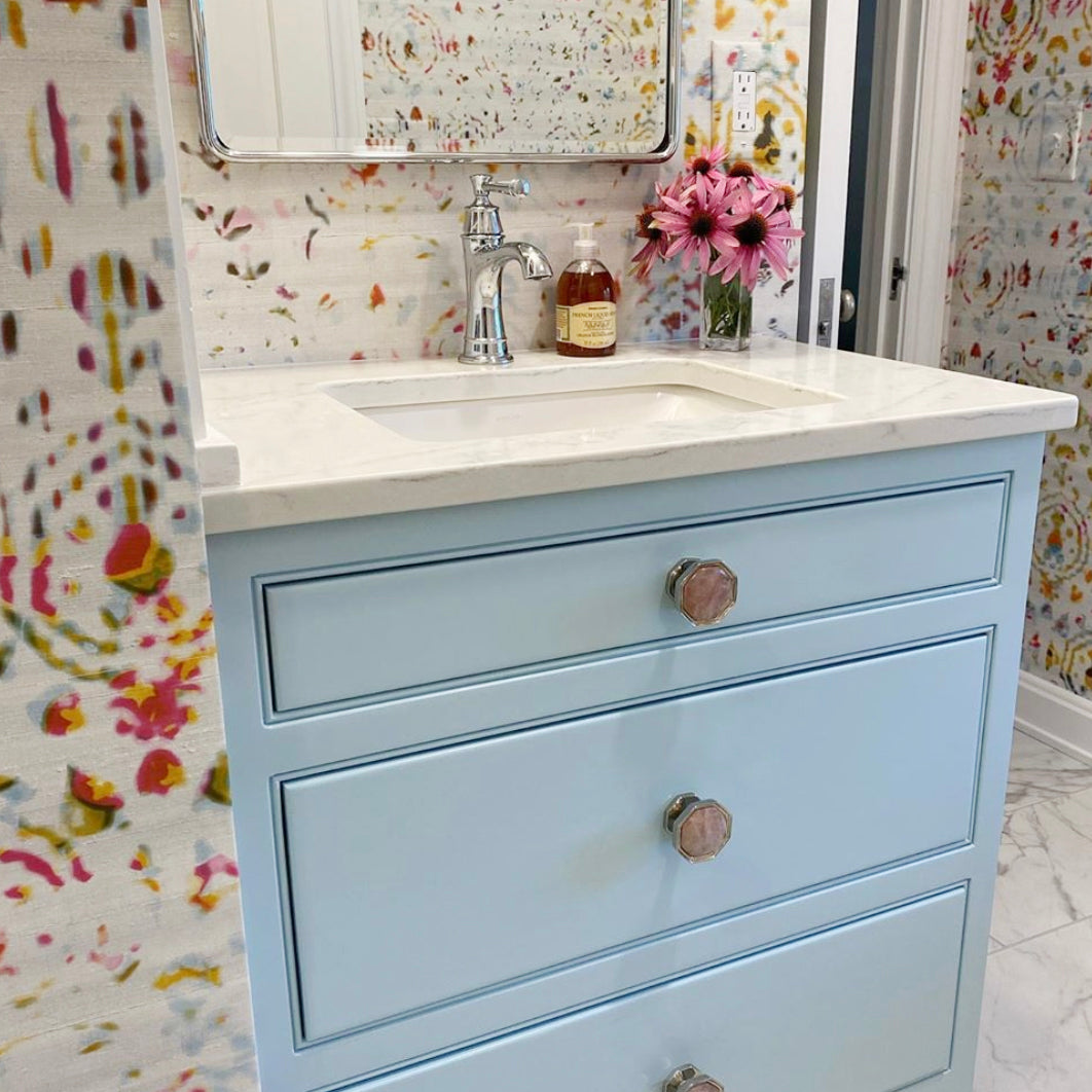 Baby Blue Bathroom Vanity Cabinets with Geometric Knobs in Brass with Rose Quartz