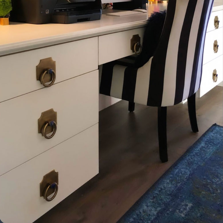 Desk Design with Bossard Backplate in Antique Brass and Porter Ring Pull with Labradorite