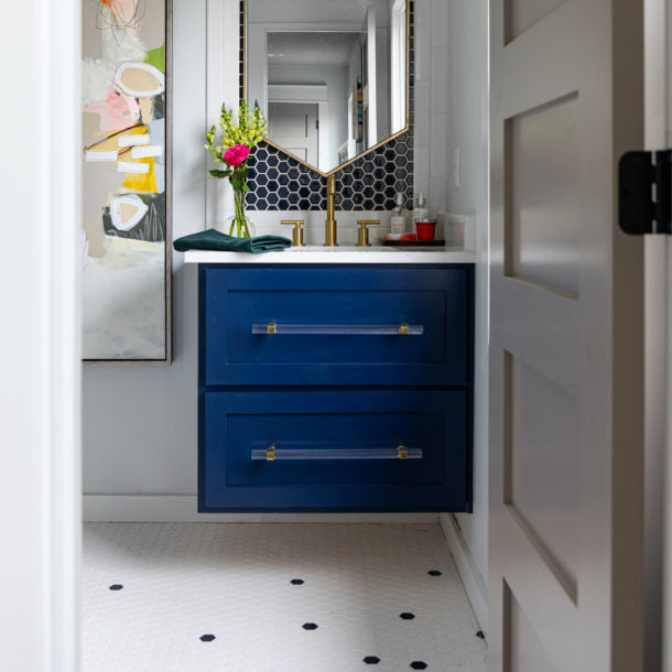 Navy Blue Bathroom Vanity with Lucite Bar Pulls in Brass with Clear Acrylic
