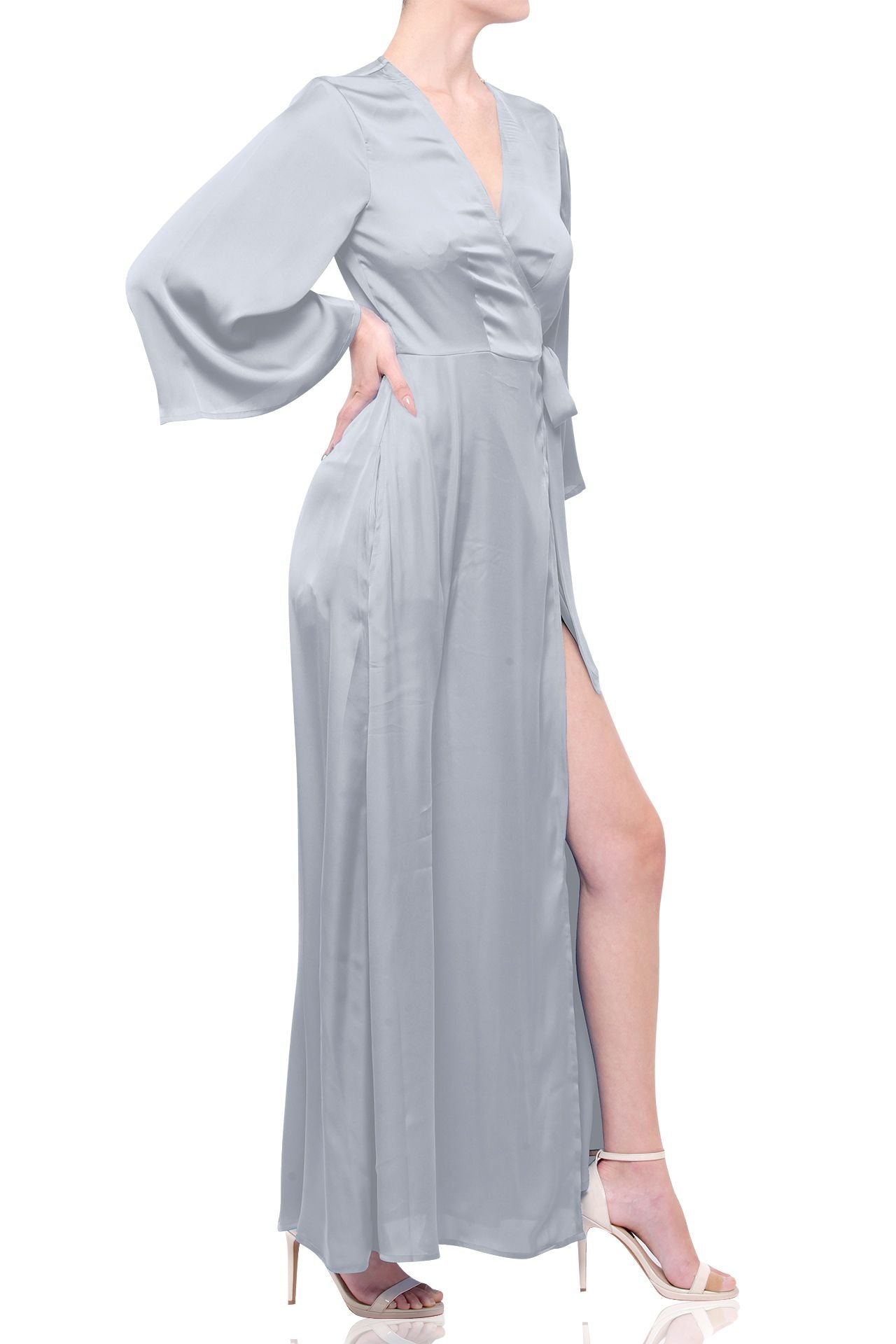 Long Full Sleeve Maxi Wrap Dress in Solid Grey - 2022 Bestseller Grey ...