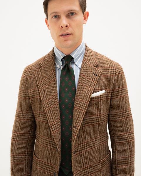 Ancient madder silk tie combined with a tweed jacket and oxford cloth button down shirt
