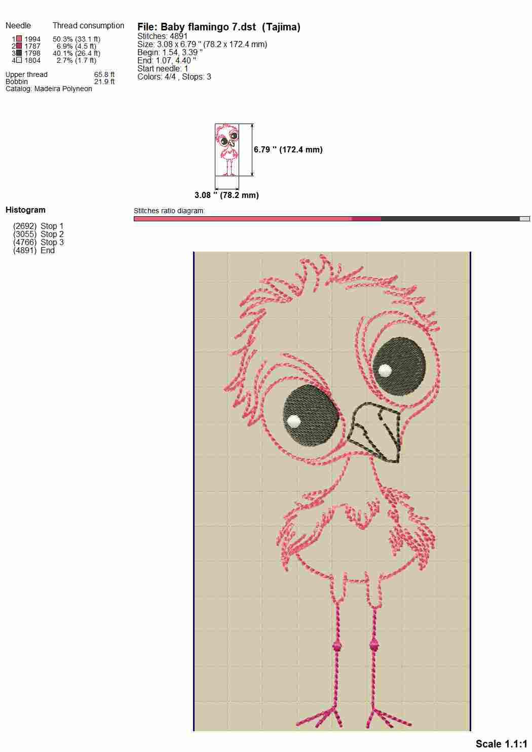 Funny pink flamingo chick machine embroidery design, baby flamingo embroidery pattern