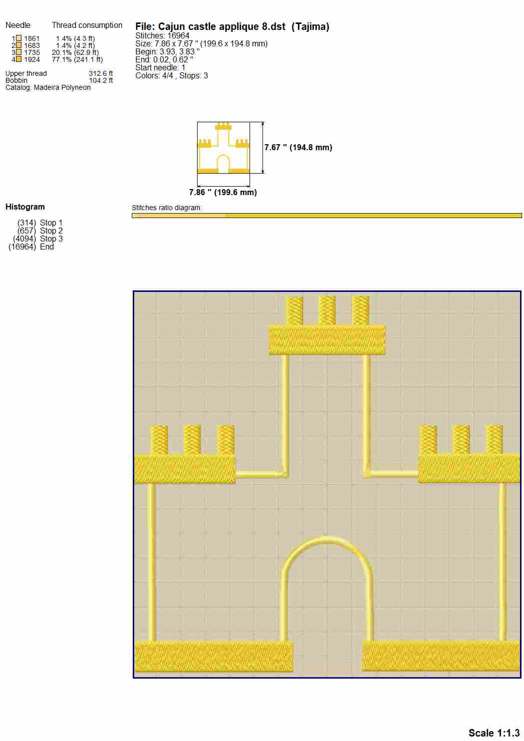 Cajun flag castle applique embroidery design