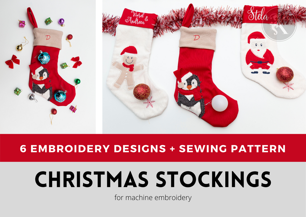 Personalized Christmas stockings projects with sewing pattern and cute penguin, santa, reindeer, gingerman, bearmachine embroidery designs 