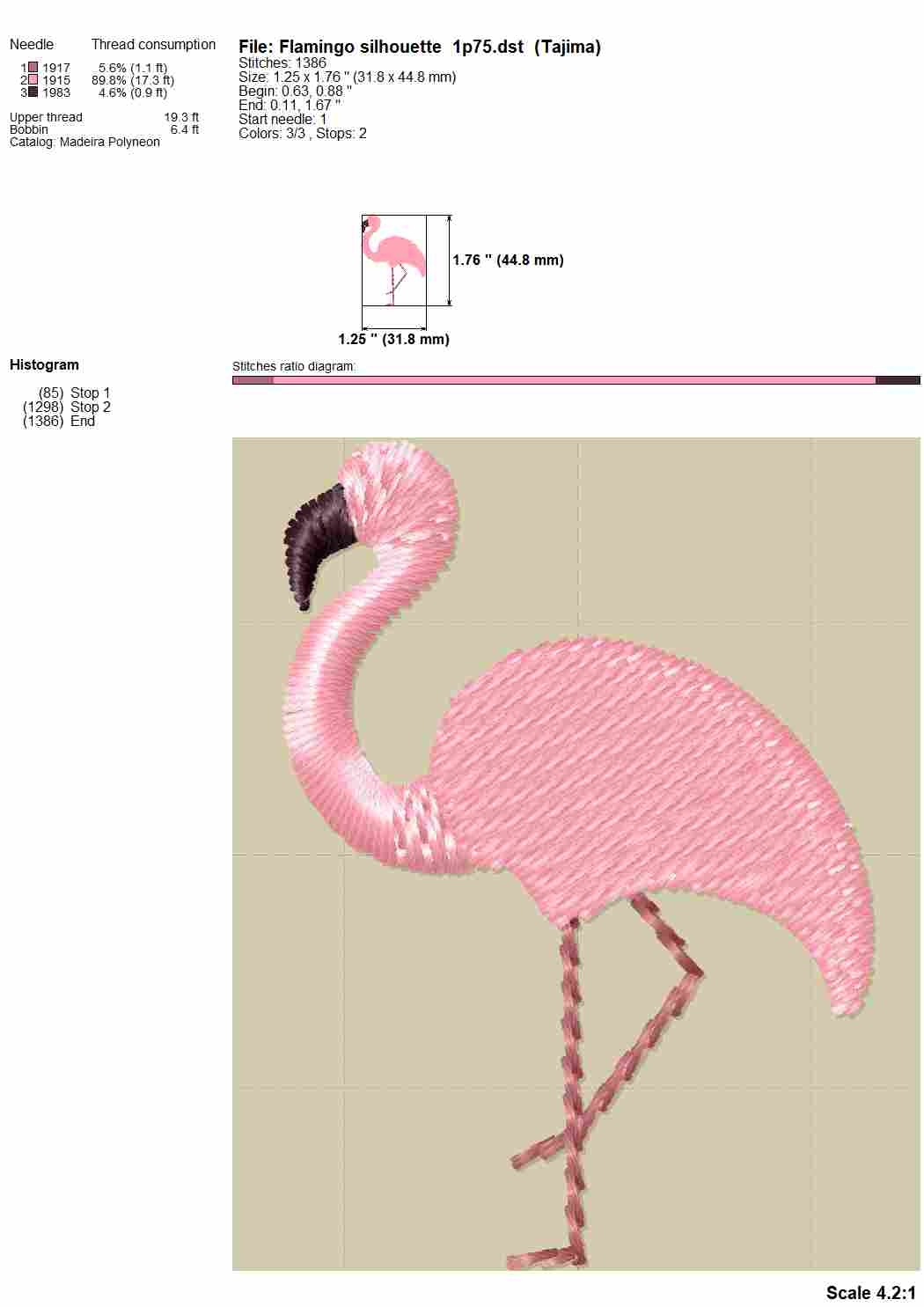 Mini flamingo machine embroidery design, fill stitch, simple pink flamingo embroidery patterns,