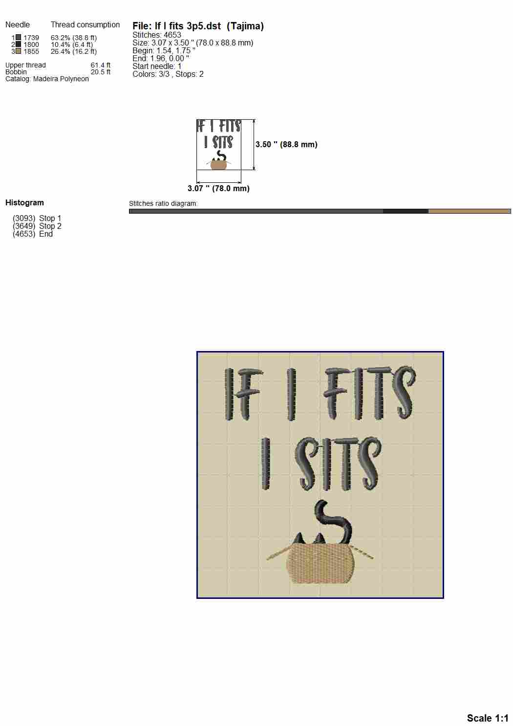 If I fits I sits - hilarious cat joke machine embroidery design with a cat and box