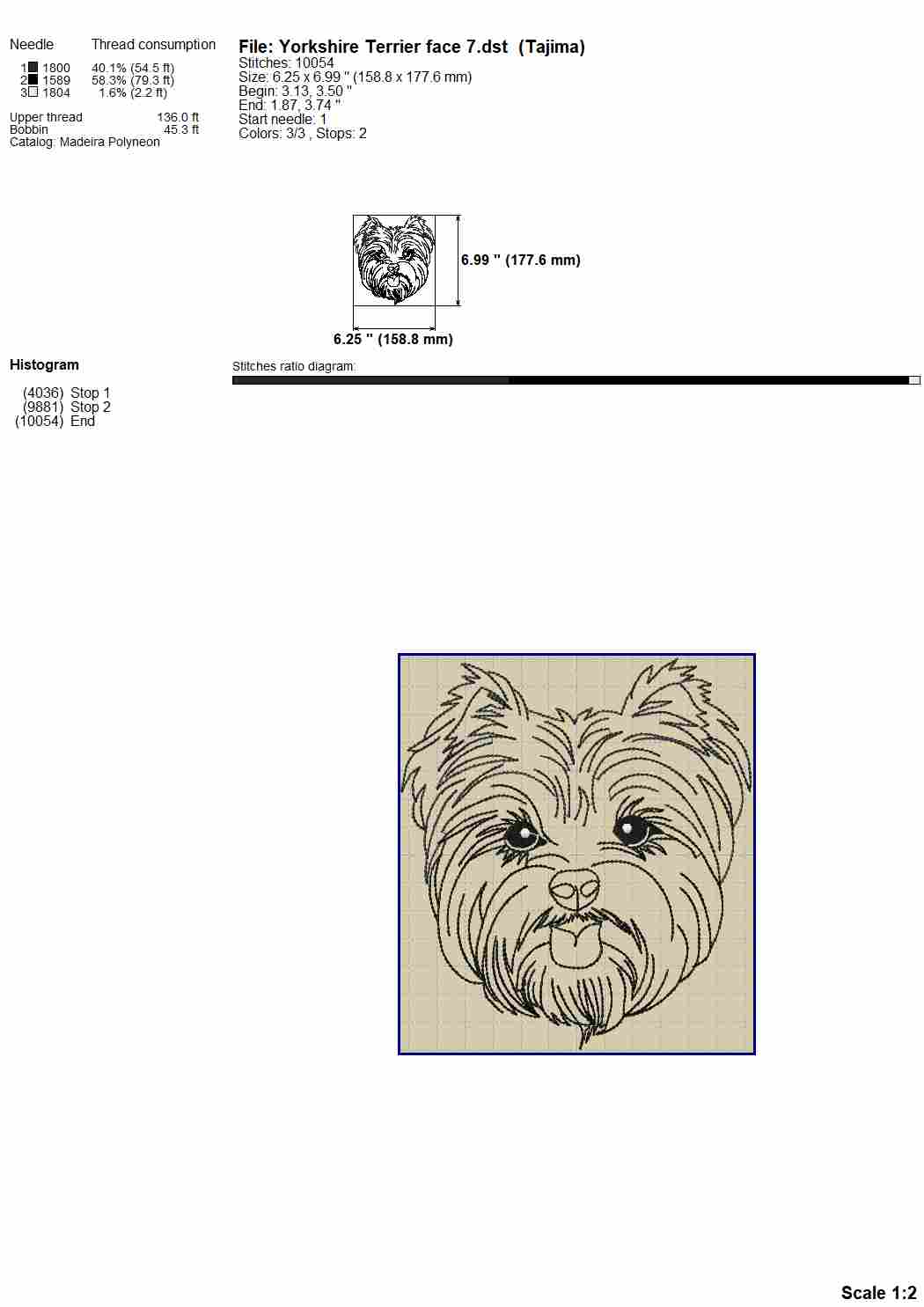 Yorkie dog face machine embroidery design, multiple sizes and file types, outline style