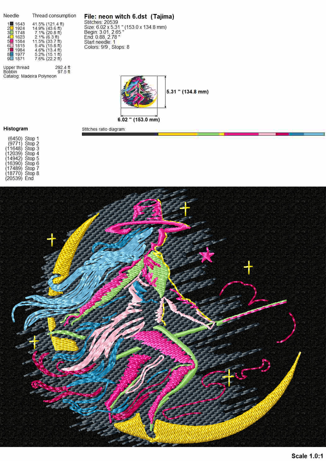 Neon witch flying on broomstick machine embroidery design for dark fabrics, multiple sizes