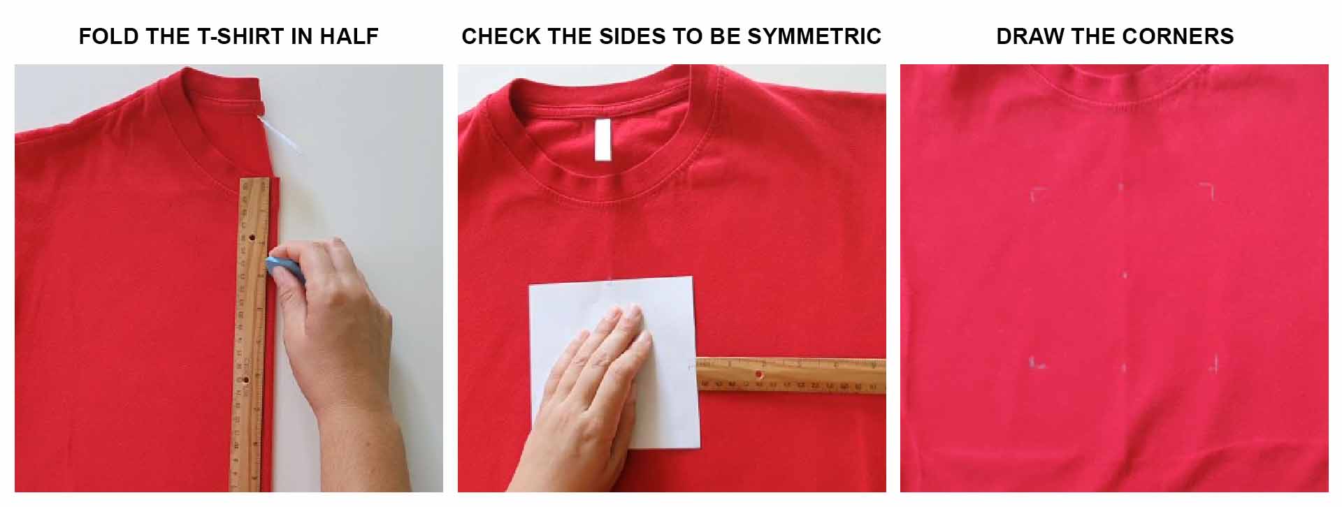 Usign a template for machine embroidery, fold the t-shirt in half, check the sides to be symmetric, draw the corners