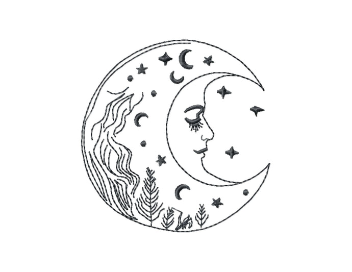 Celestial embroidery designs - Mystical moon girl face - boho style - triple stitch-Kraftygraphy