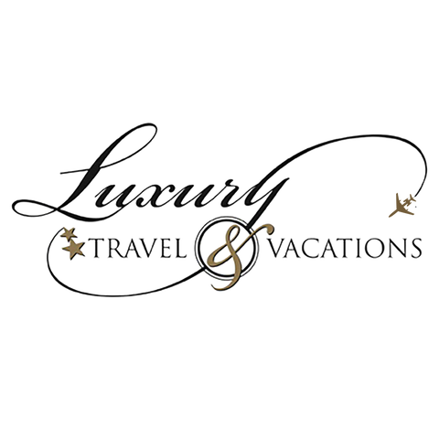 "Luxury Travel and Vacations' logo featuring an elegant and modern design with a mix of black and gold colors, featuring the company name in bold and stylish fonts."