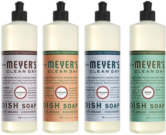 Mrs. Meyers Clean Day Liquid Dish Soap, 1 Pack Lavender, 1 Pack Geranium, 1 Pack Snowdrop, 1 Pack Basil, 16 OZ each