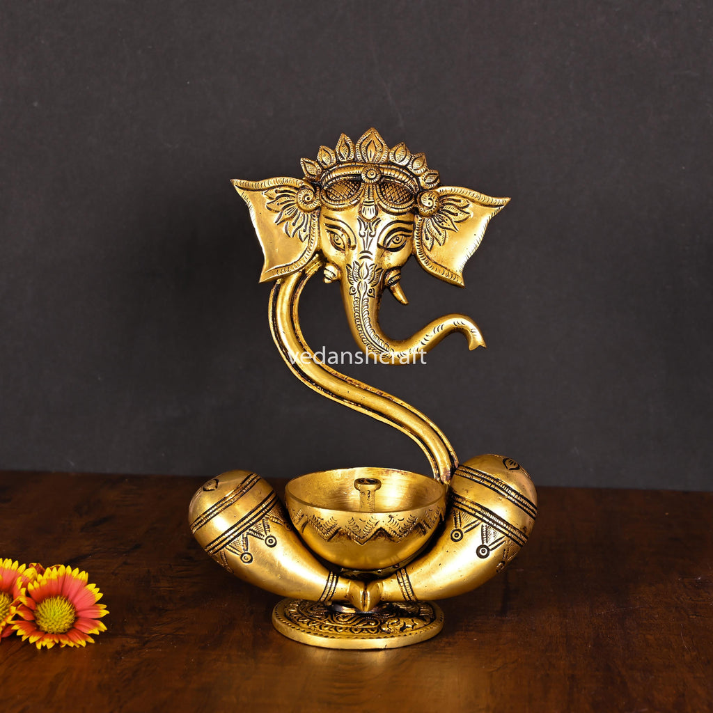 Brass Modern Ganesha Idol With Akhand Diya (8.8 Inch) – Vedansh Craft