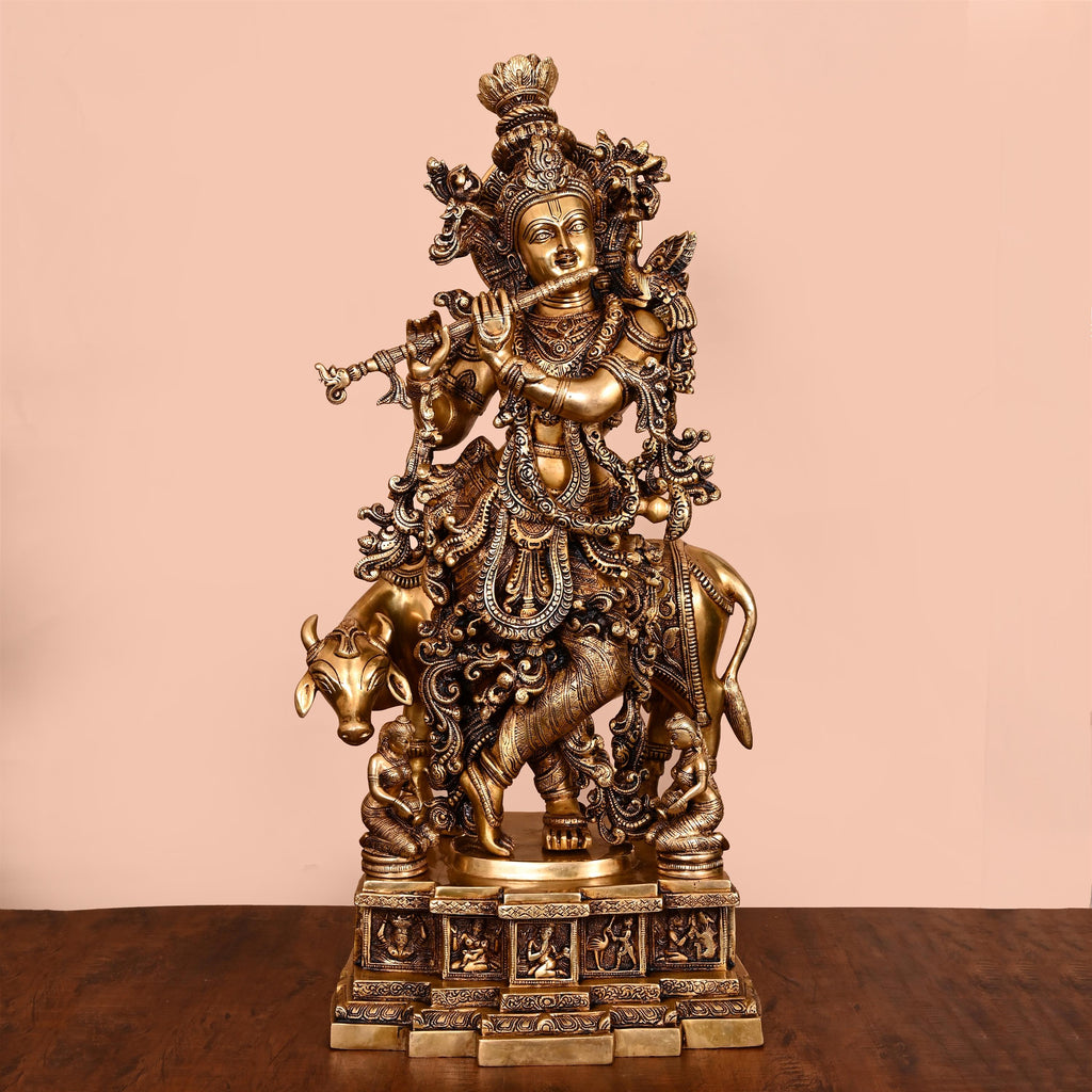 Brass Lord Krishna With Cow Idol (27.5 Inch) – Vedansh Craft