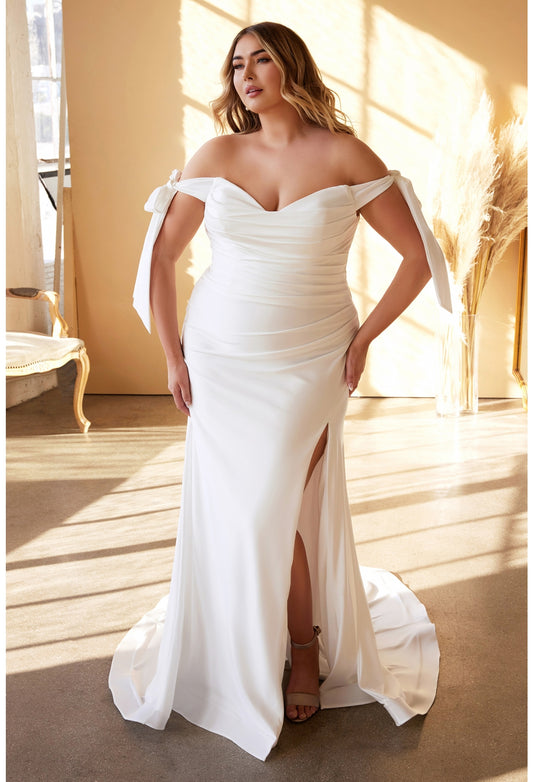 CD CH236W- Stretch Satin Fit & Flare Wedding Gown with Gathered Ruched –  Diggz Formals