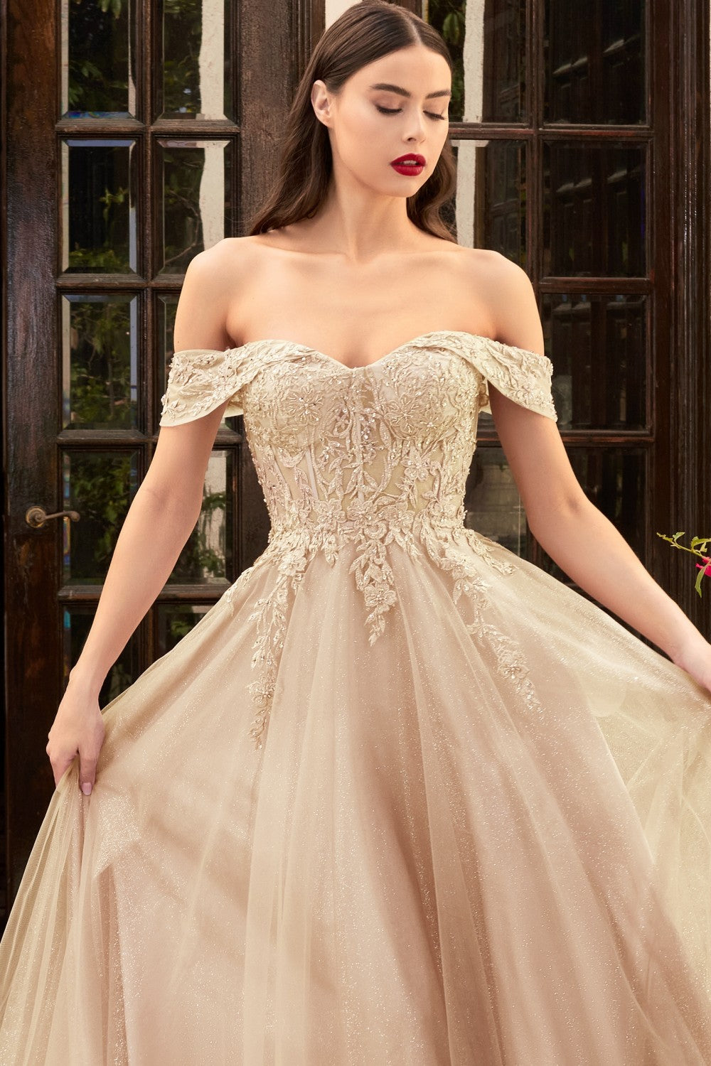 Vestido evasé de tul con cuerpo de encaje y hombros descubiertos de  Cinderella Divine CD – Ariststyles