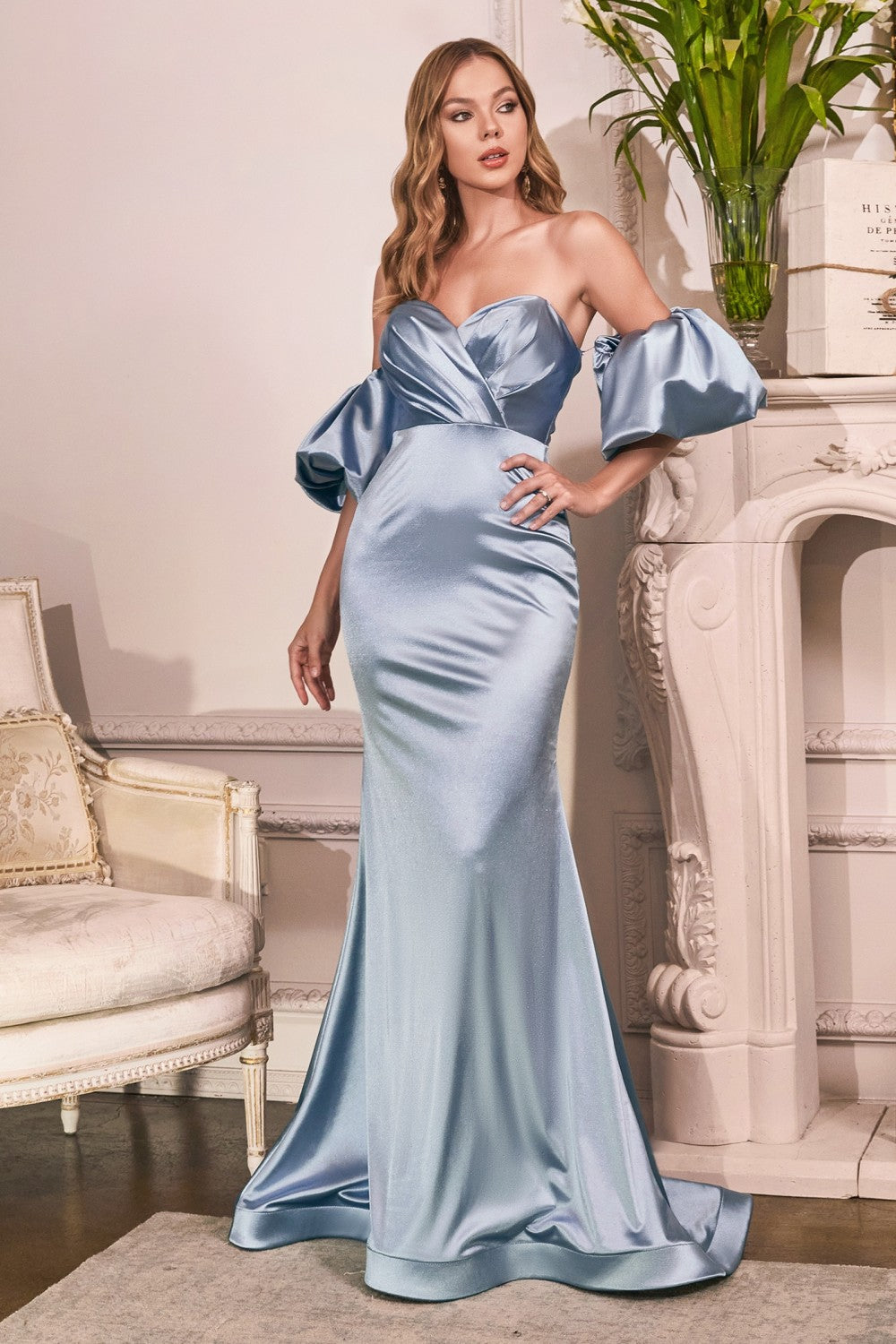 Cinderella Divine CD983 SATIN GOWN WITH PUFF SLEEVE - Special Occasion