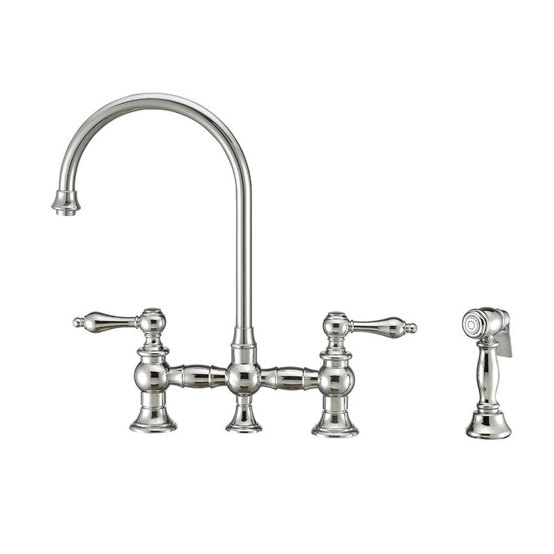 Whitehaus WHKBTLV3-9101-NT Vintage Iii Plus Bridge Faucet with Long Gooseneck Swivel Spout Lever Handles and Solid Brass Side Spray