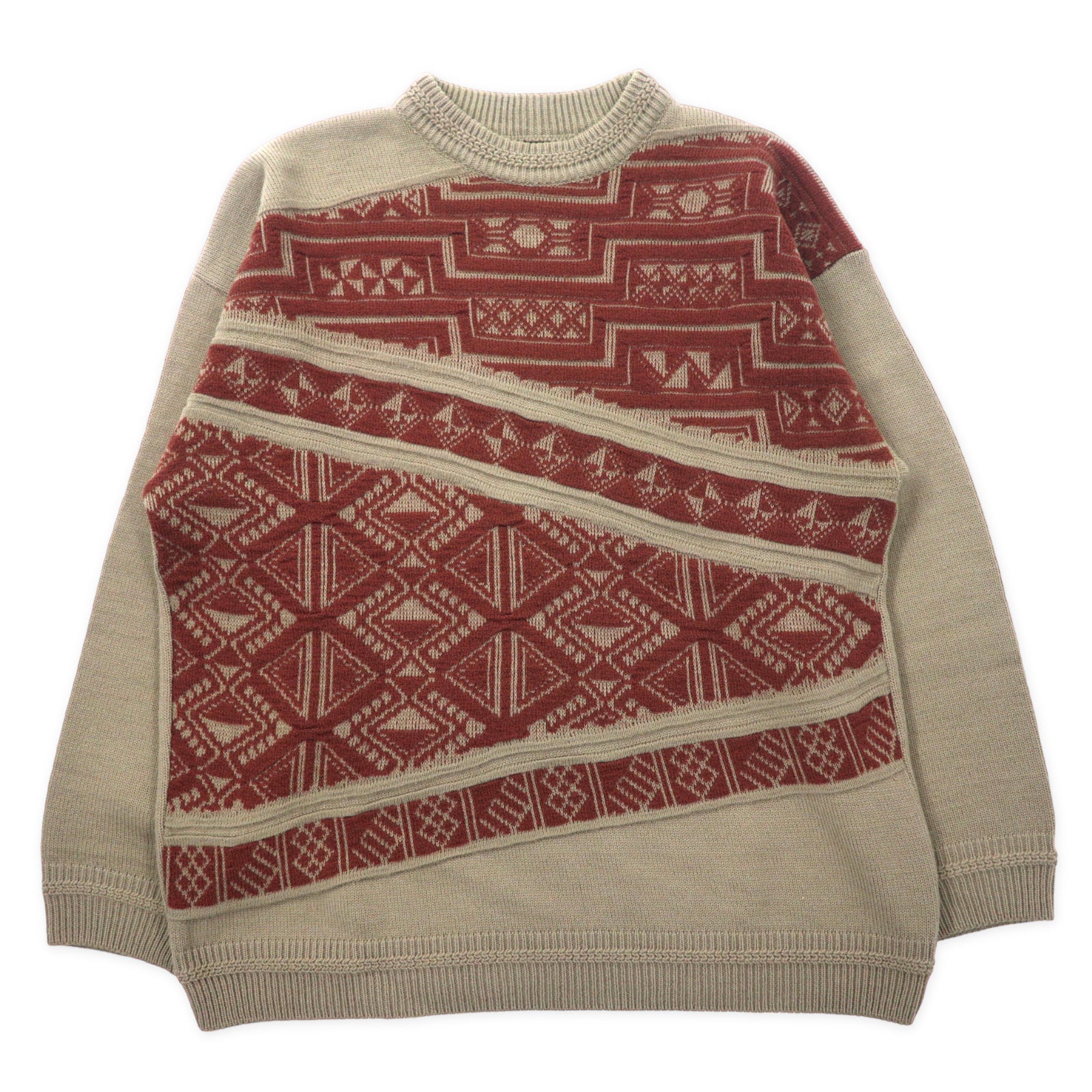 Vintage Patterned Sweater イタリア製 モックネック ニット セーター 52 カーキ  総柄 ウール 幾何学柄
