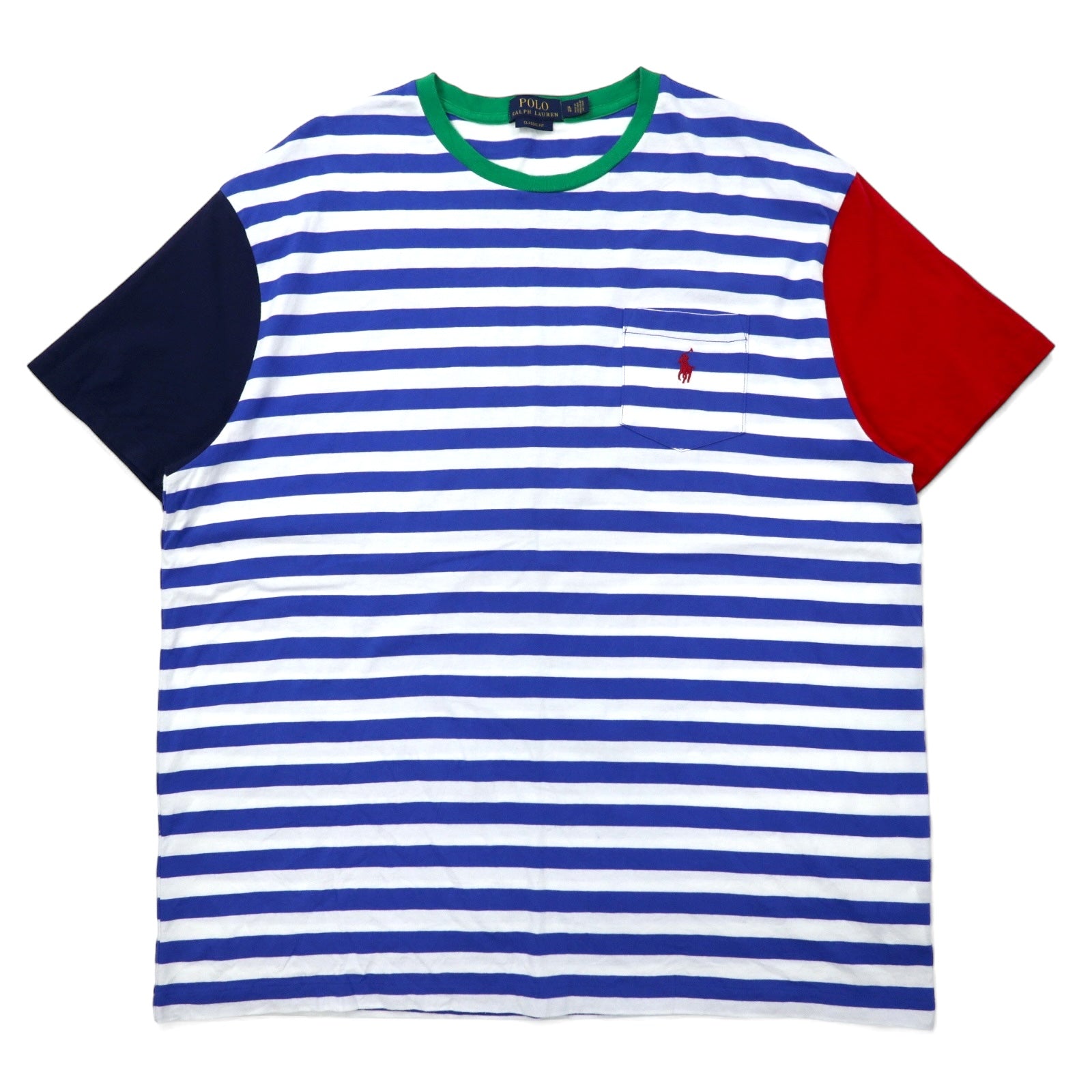 POLO RALPH LAUREN クラシックフィット ボーダー Tシャツ ポケT XL ブルー ホワイト コットン カラーブロック スモールポニー刺繍