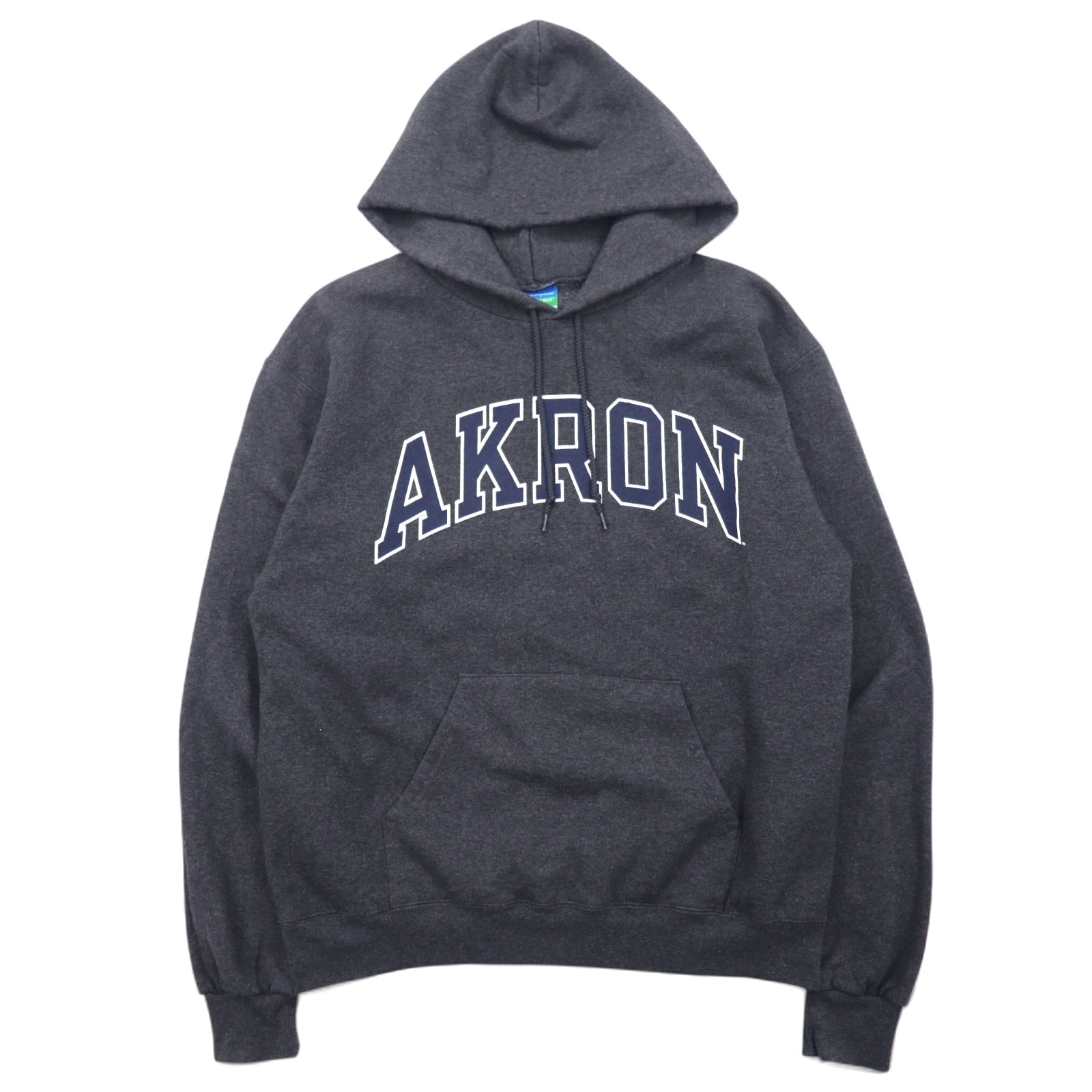 CHAMPION ECO FLEECE カレッジプリント プルオーバー パーカー M グレー コットン AKRON アーチロゴ 裏起毛