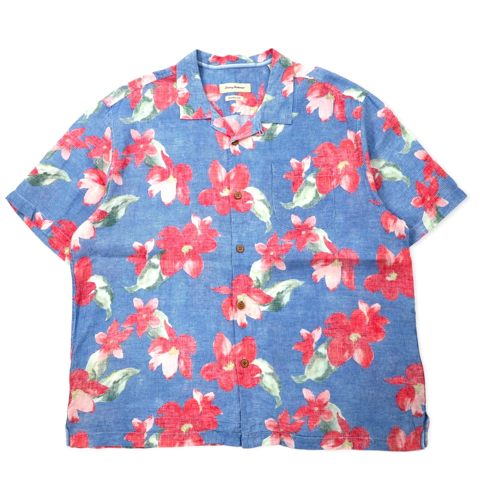 Tommy Bahama アロハシャツ 開襟 XXL ブルー リネン 総柄 ハイビスカス ビッグサイズ