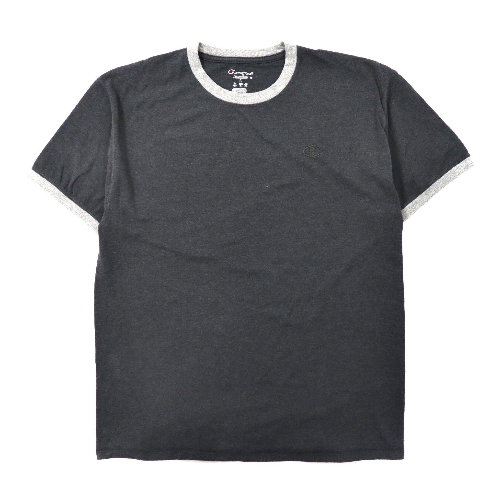 Champion ビッグサイズ リンガーTシャツ XL グレー コットン ワンポイントロゴ刺繍