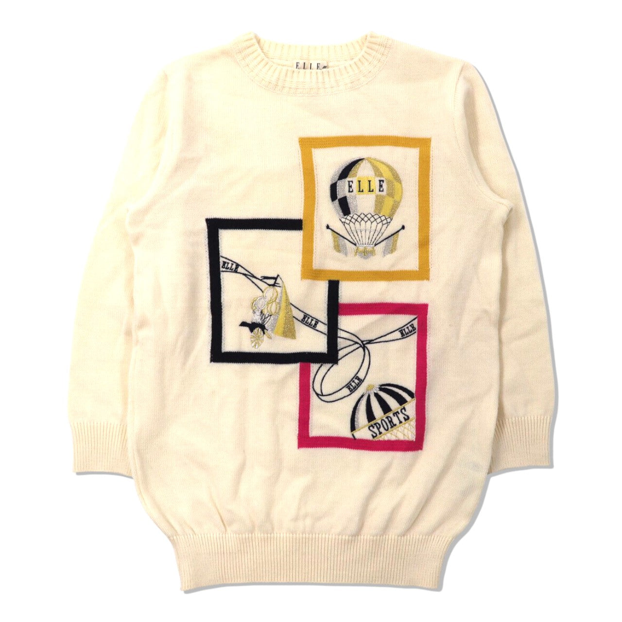 ELLE SPORTS ニットセーター 38 ホワイト ウール レトロ刺繍 90年代