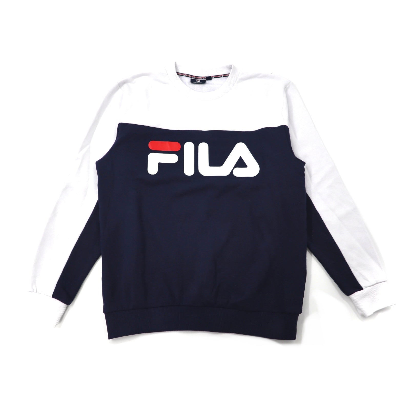 FILA クルーネックロゴスウェット S ネイビー バイカラー 裏起毛