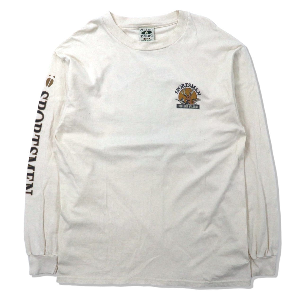 Green Brand ビッグサイズ ロングスリーブTシャツ M ホワイト コットン バックロゴプリント 袖ロゴ FISH AND WILDLIFE USA製