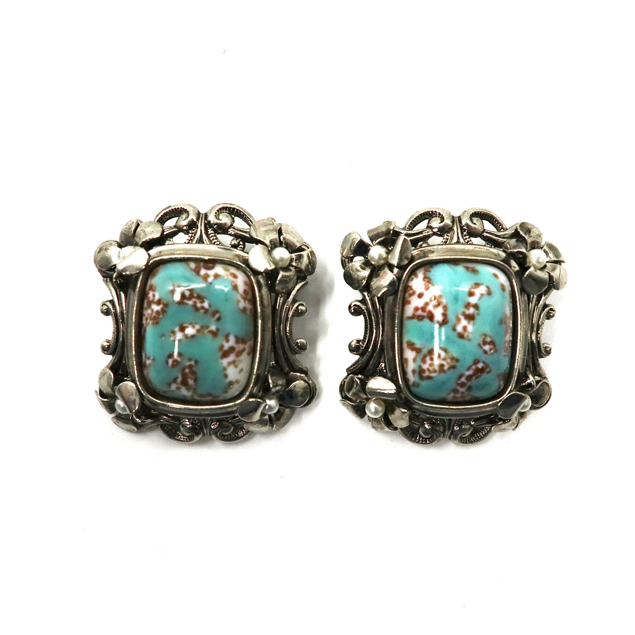 Vintage Floral Turquoise Earrings ターコイズ イヤリング ブルー シルバー フラワーモチーフ レトロ