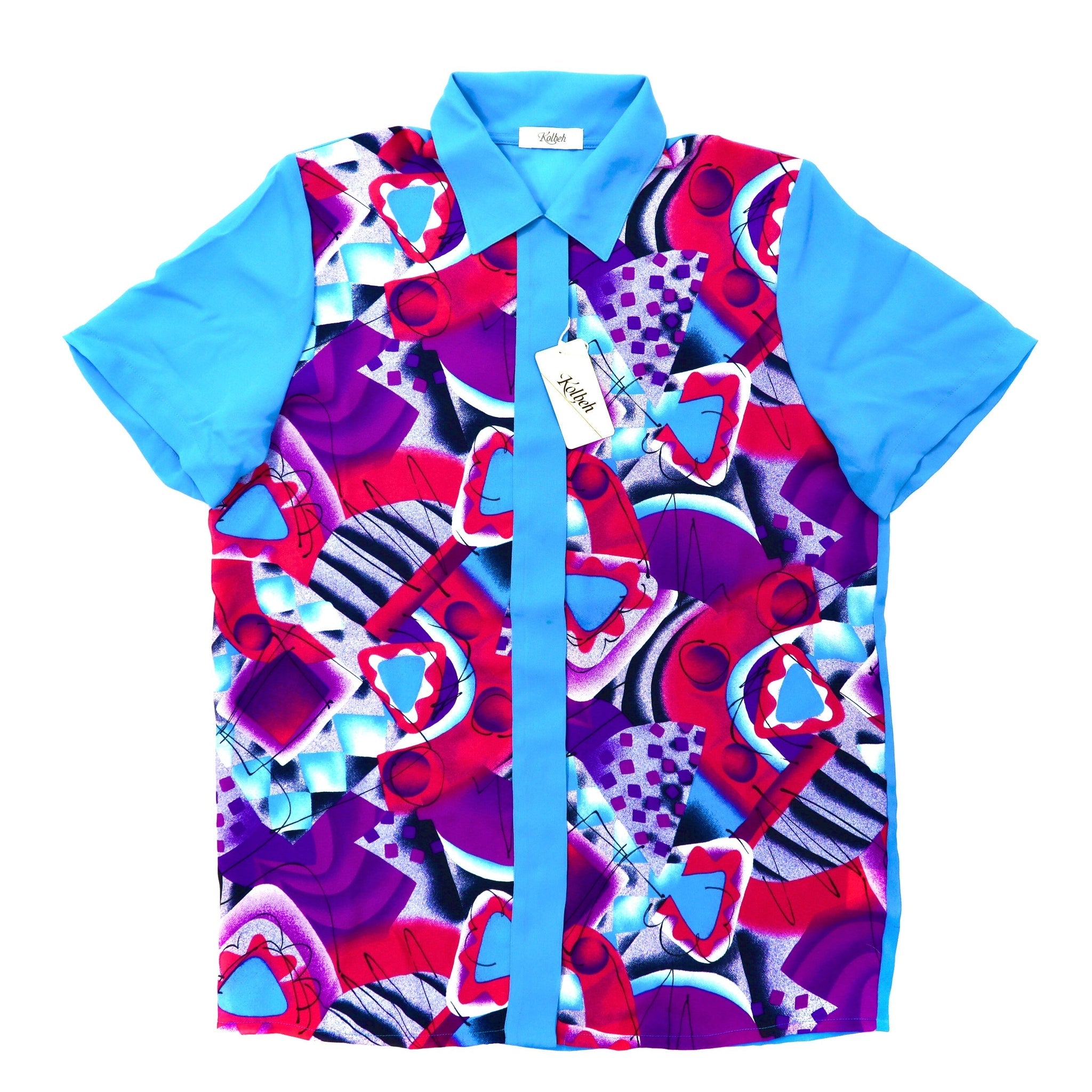 Kolbeh 半袖レトロシャツ 9R ブルー ポリエステル 総柄 日本製 未使用品