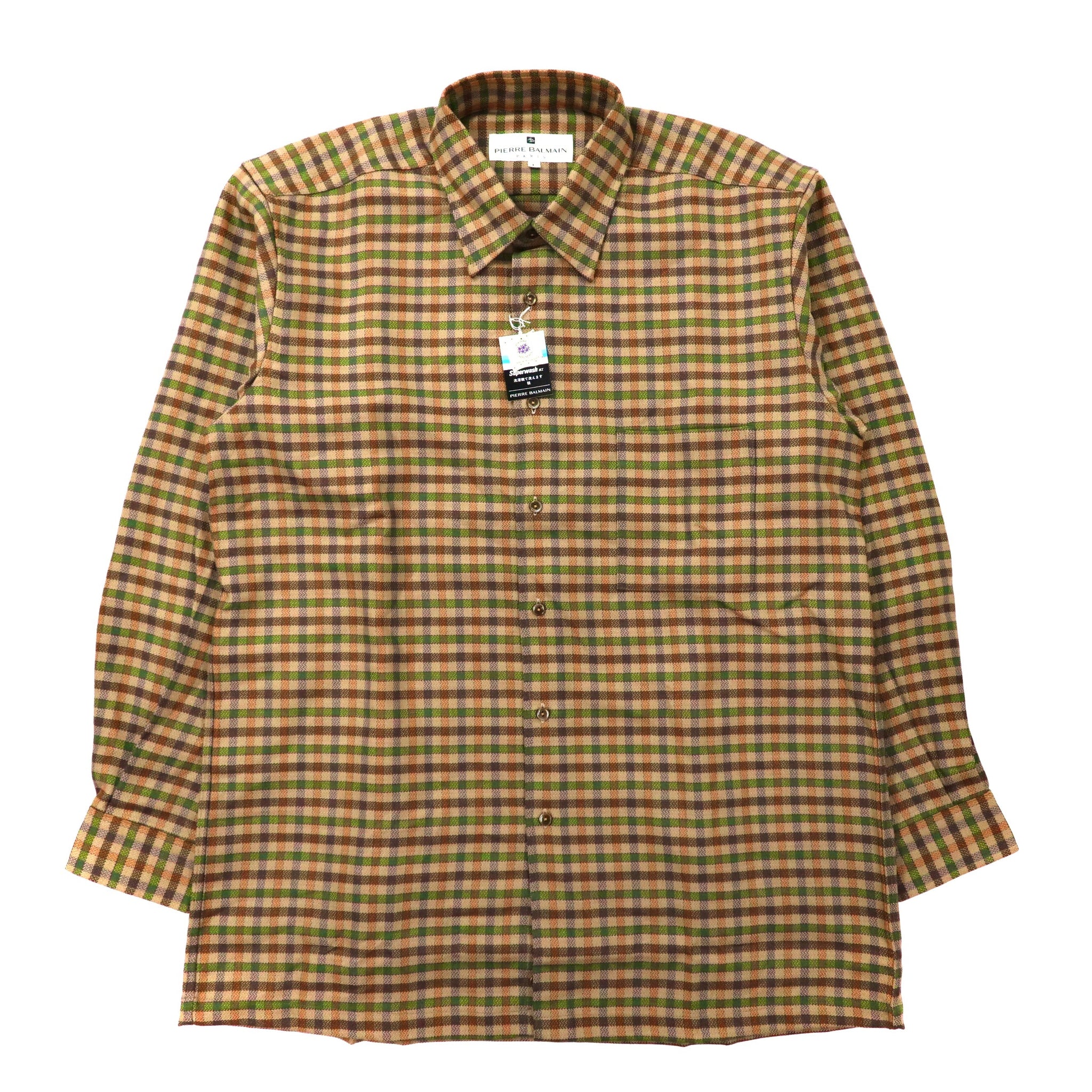 PIERRE BALMAIN フランネルシャツ L カーキ ウール 80年代 日本製 未使用品