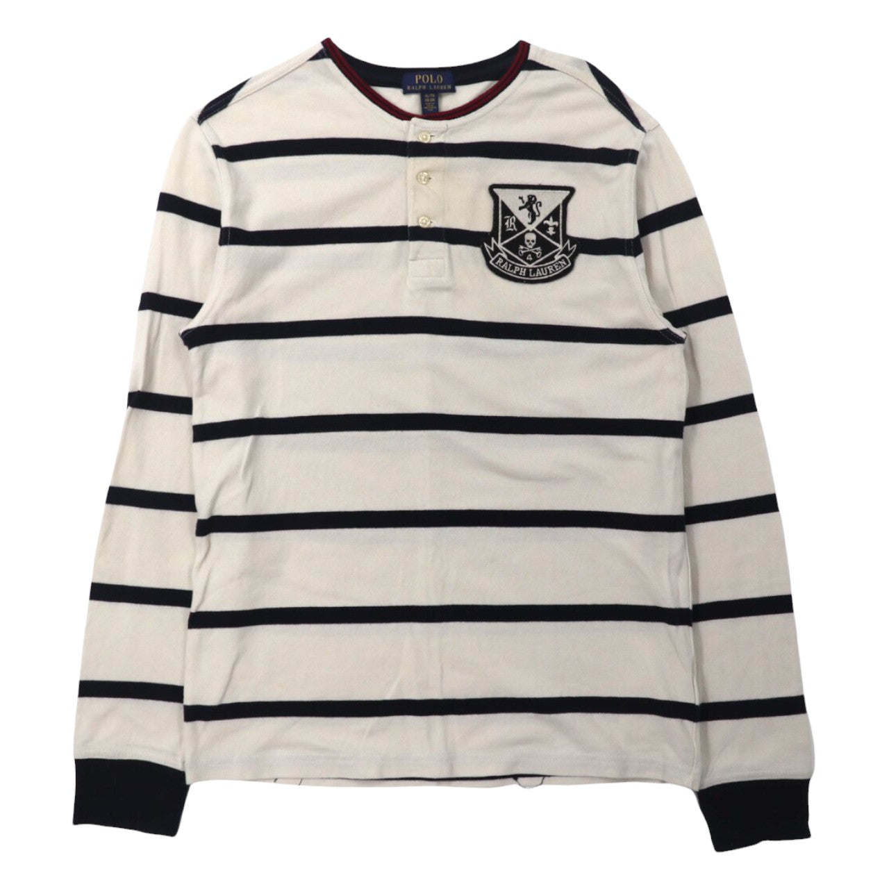 POLO RALPH LAUREN ヘンリーネックボーダーTシャツ XL ホワイト コットン エンブレムロゴワッペン