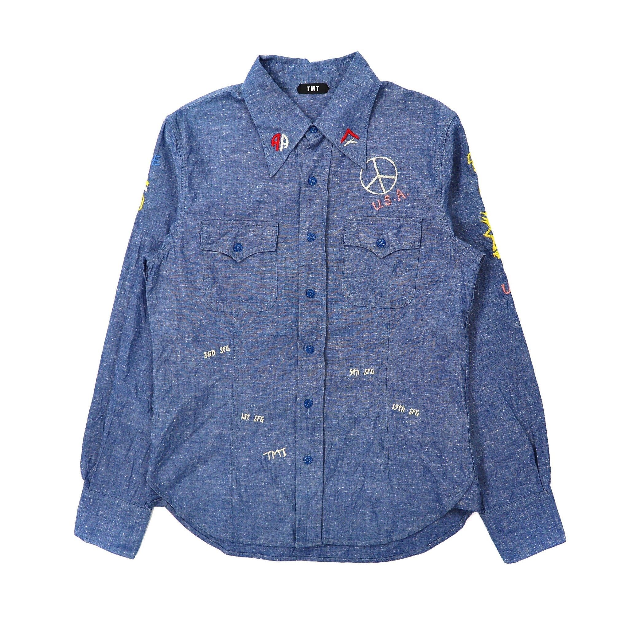 TMT シャンブレーシャツ M ブルー コットン 総柄 刺繍 日本製