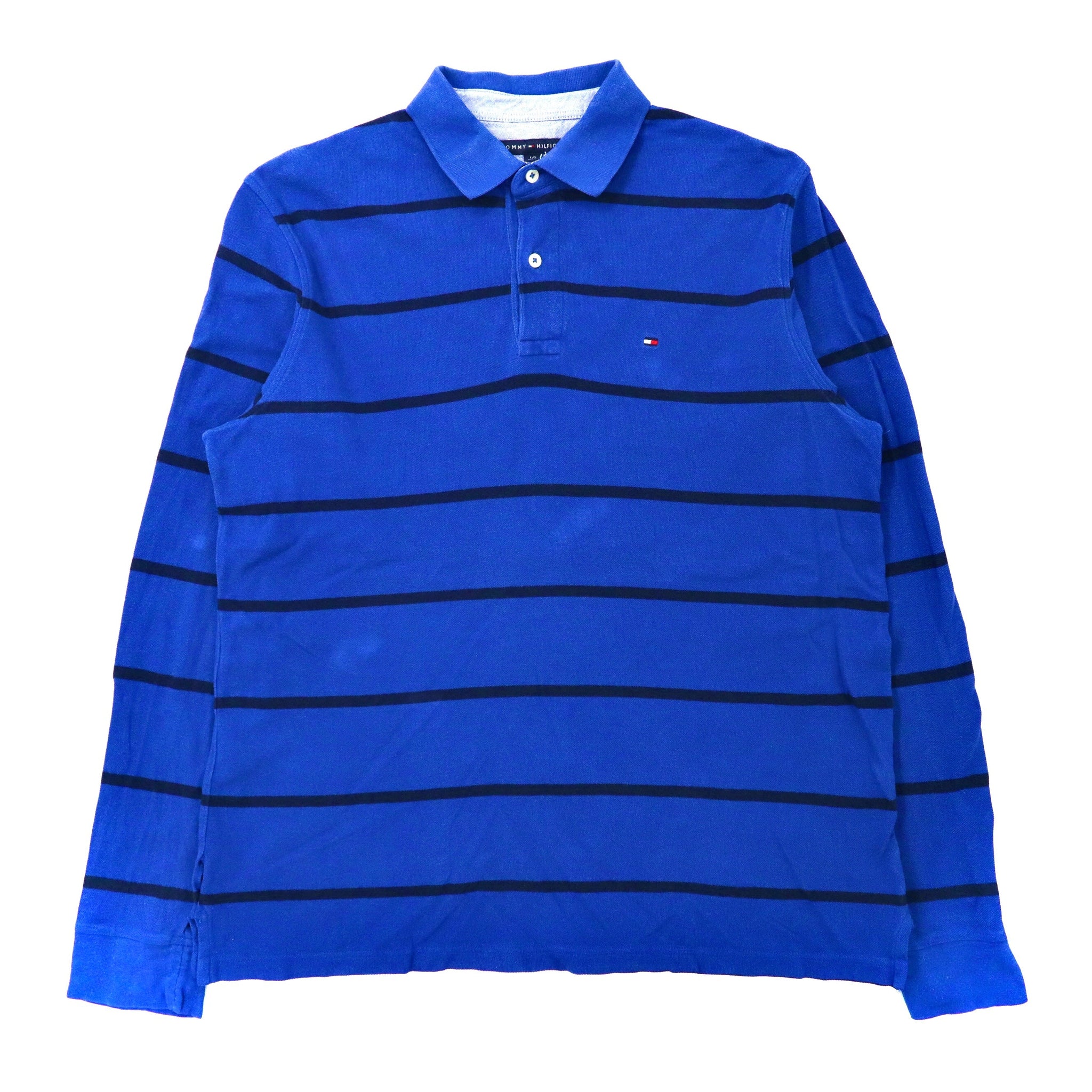 TOMMY HILFIGER ビッグサイズ 長袖ポロシャツ ラガーシャツ L ブルー ボーダー コットン フラッグロゴ刺繍