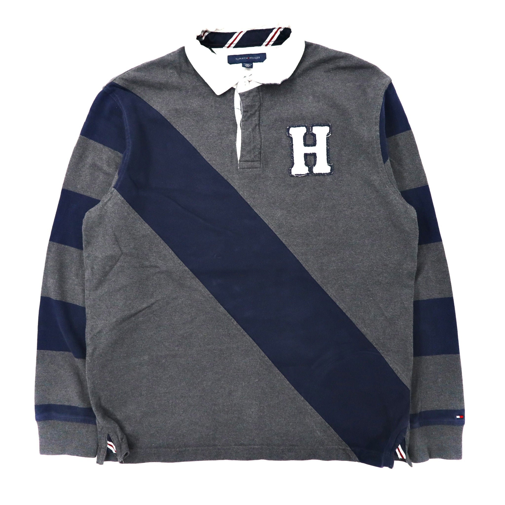 TOMMY HILFIGER ラガーシャツ L グレー コットン ロゴワッペン