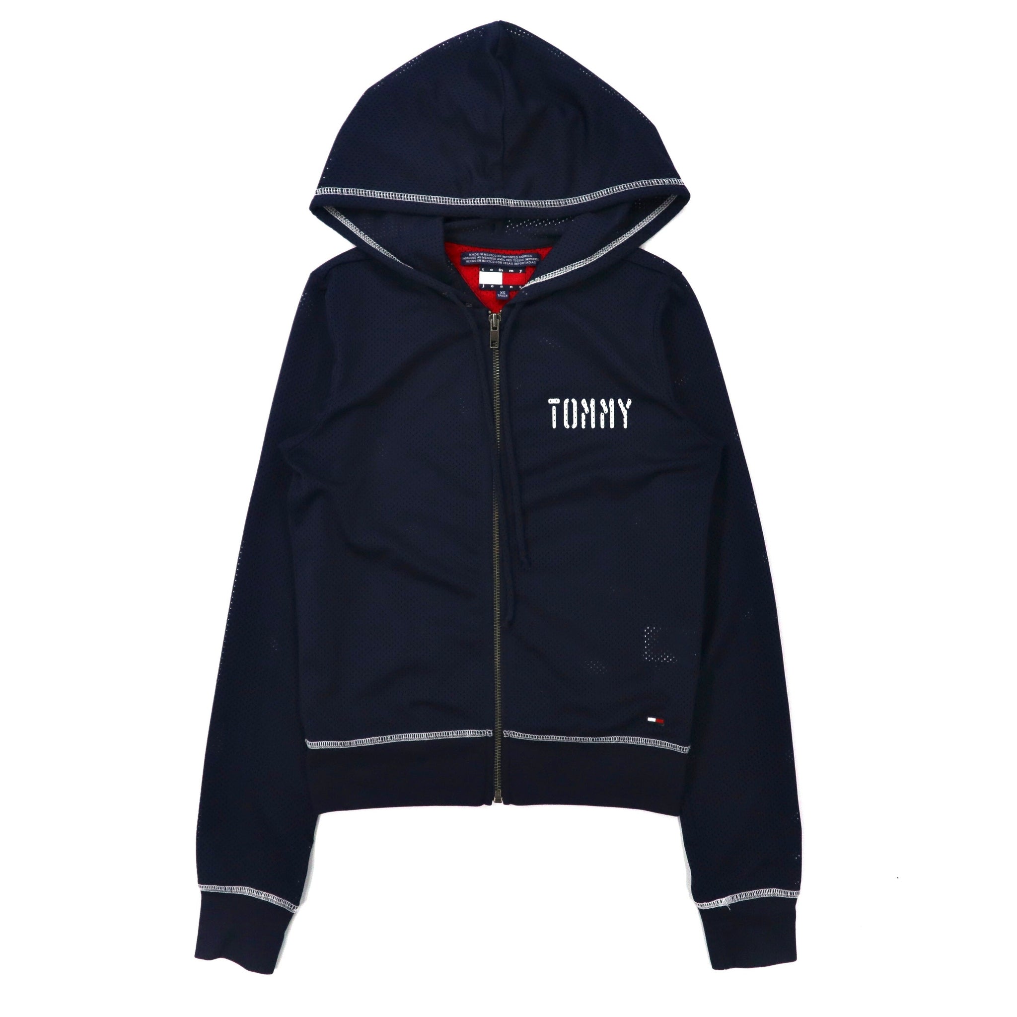 TOMMY JEANS メッシュ ジップパーカー XS ネイビー ポリエステル ロゴプリント 90年代 メキシコ製