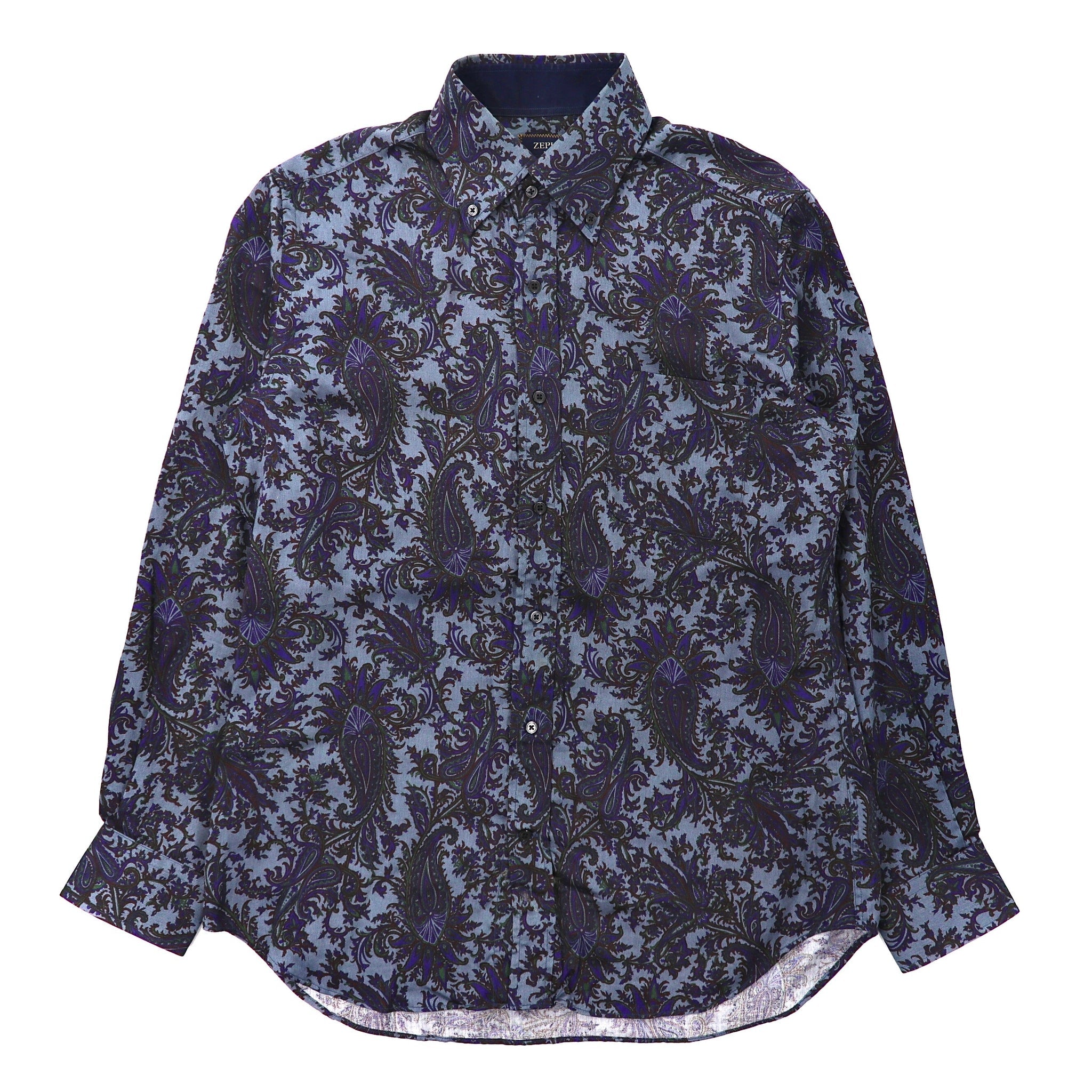 ZEPHYR ( D'URBAN ) ボタンダウンシャツ M ネイビー リヨセル 総柄 ペイズリー柄 日本製