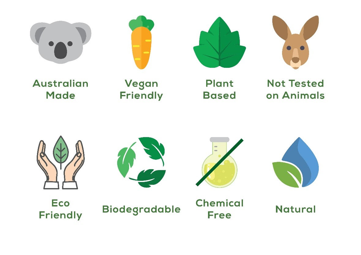 Australian Made, Vegan & Eco Friendly, Plant Based, Not Tested on Animals, Natural, Chemical Free & Biodegradeable products