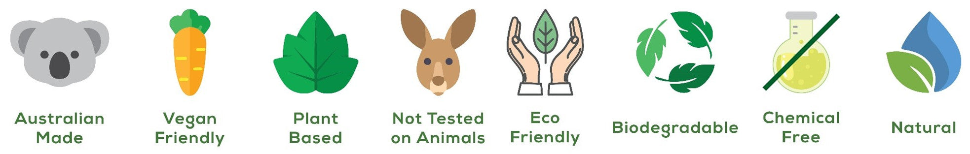 Australian Made, Vegan & Eco Friendly, Plant Based, Not Tested on Animals, Natural, Chemical Free & Biodegradeable products