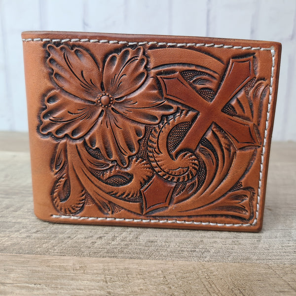 Bi fold Floral and Cross Leather Wallet In Stock Bbrosleather