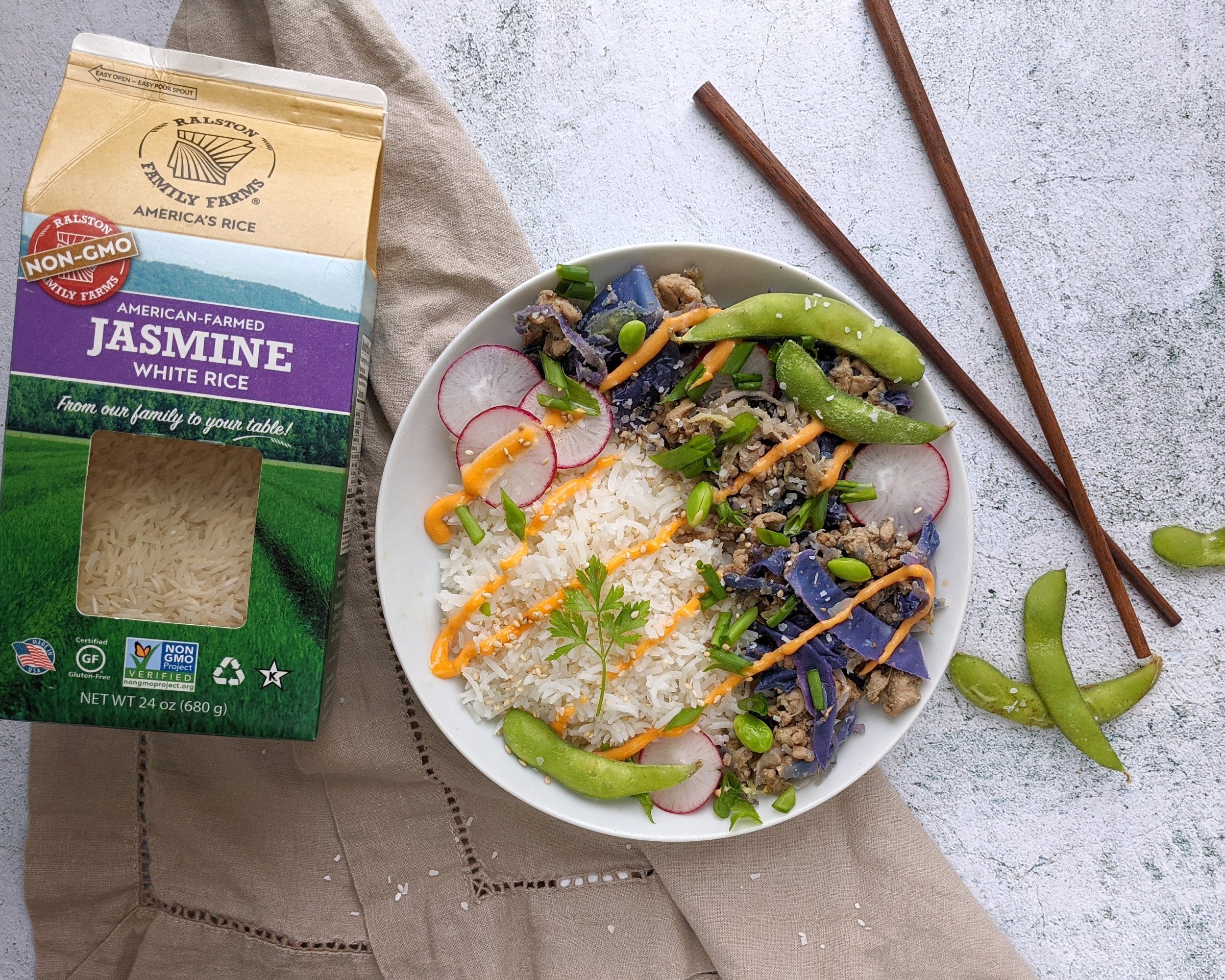 Terra Powders Non-GMO Ralston Jasmine Rice With Egg Roll In A Bowl