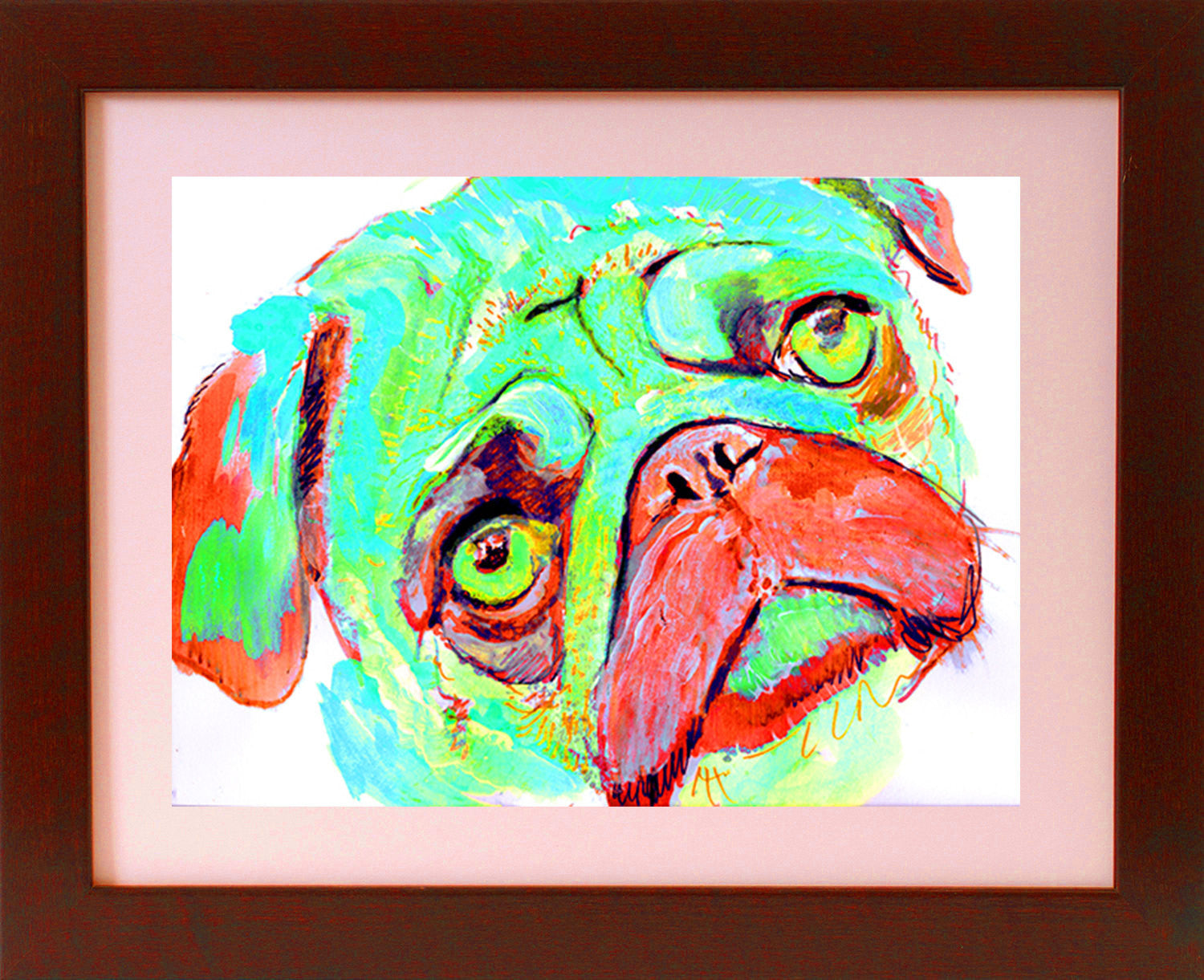 Download Pug Dog art Print Watercolor, wall Art Aqua marine and red ...