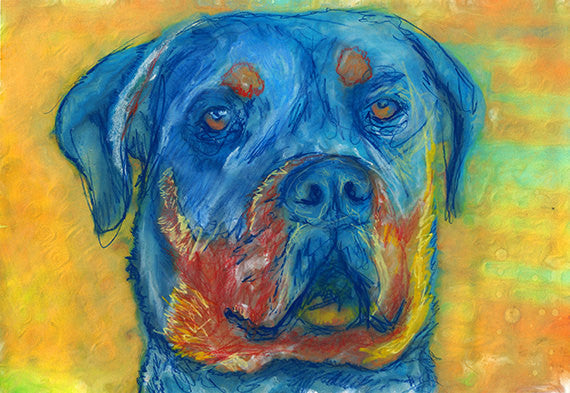 Rottweiler Dog Painting Orange Yellow Blue Rottie Print Pastel Port Dog Portraits By Oscar Jetson