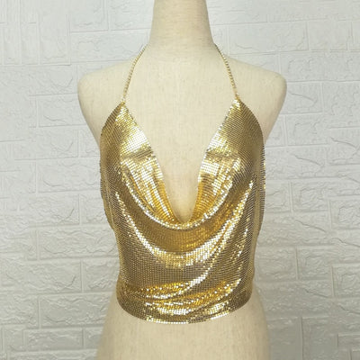 Metallic Deep V Backless Party Top